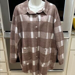 Brown & White Plaid Faux Suede Easy Close Snap Up Shirt Jacket